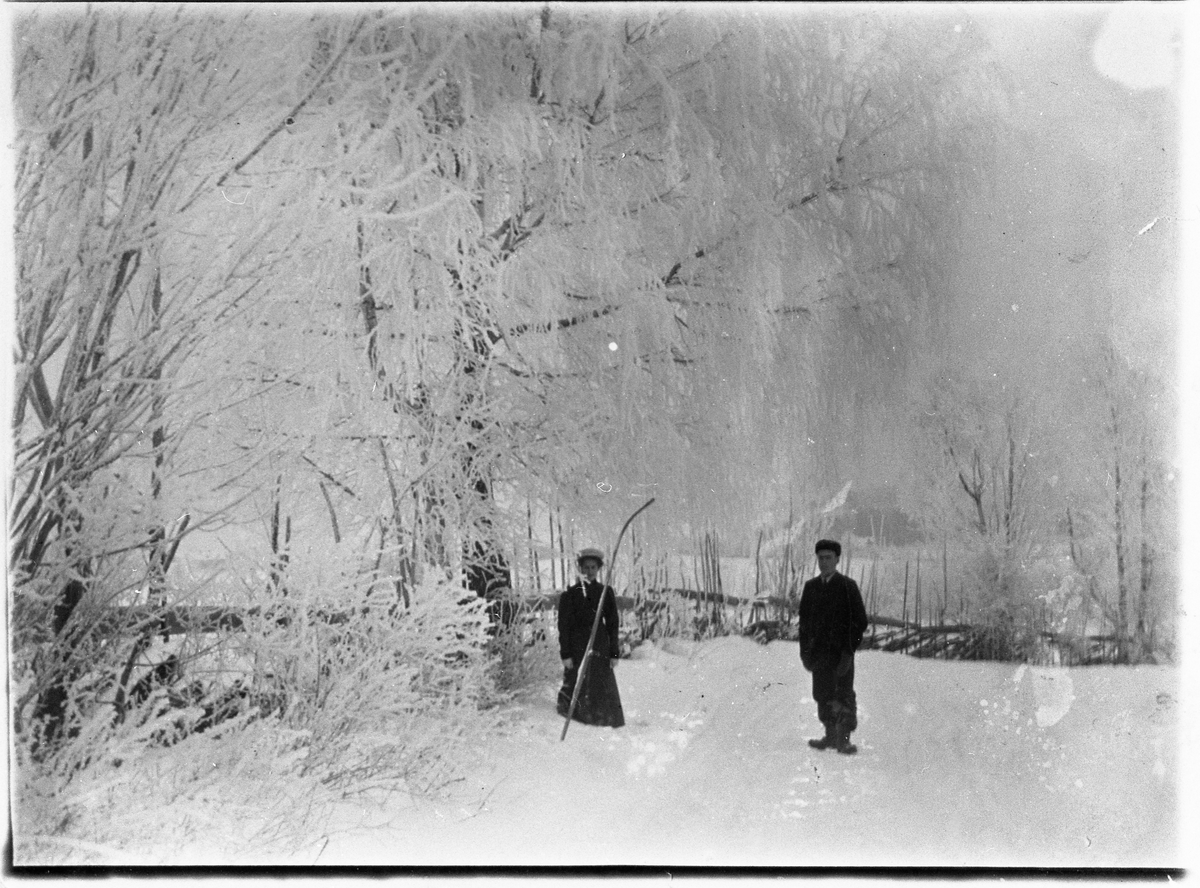 Pauline Hveem født Raabe og Frantz Raabe. Vintermotiv ca. 1909. Stedet er et jorde i nærheten av Evenrud, Østre Toten, tilhørende Lunna.