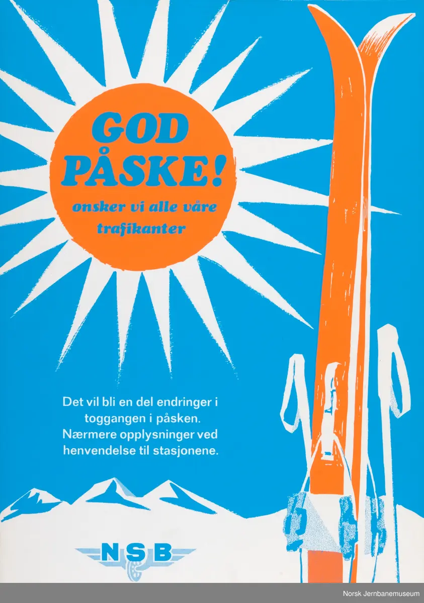 Påskeplakat fra NSB: "God påske! ønsker vi alle våre trafikanter"