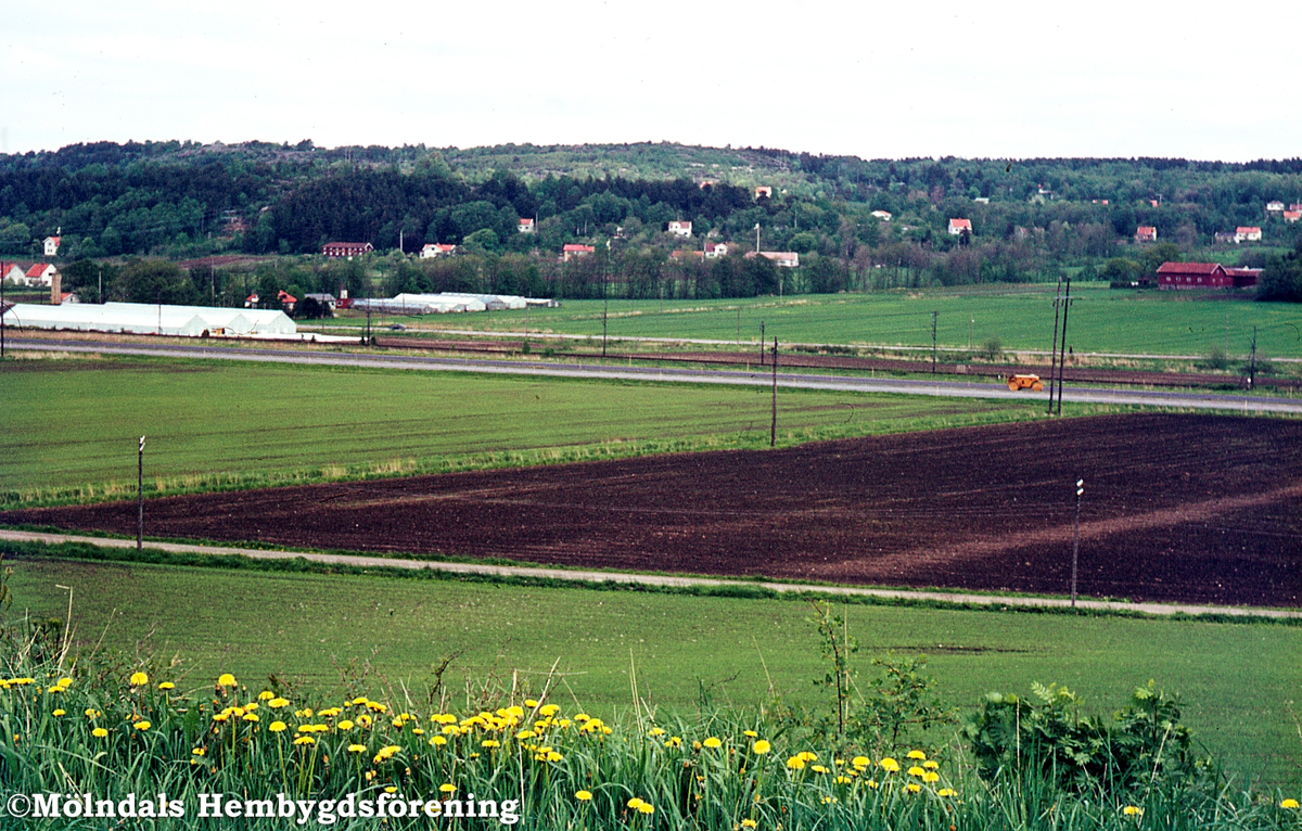 Vy från Mölndal, år 1970. Från vänster ses kommunens växthus, Nordströms växthus och Sandbäck 1. R 2:3.