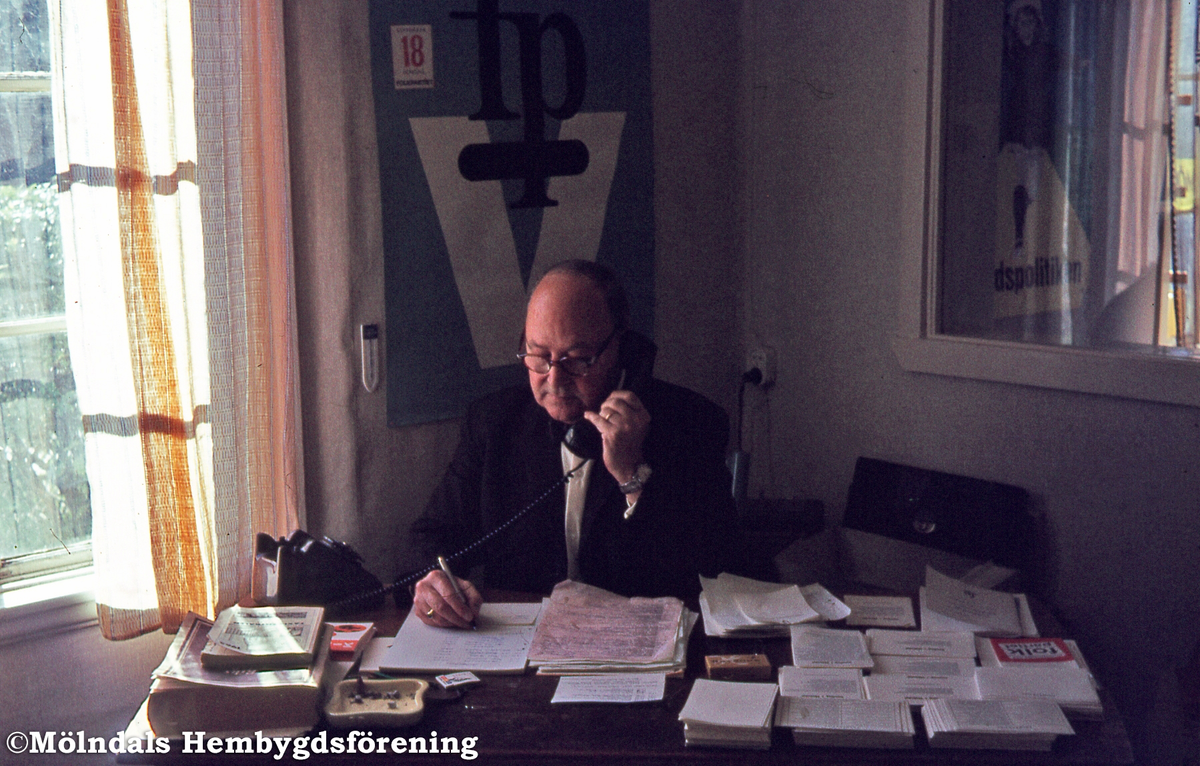 Mölndal, år 1966. Rudolf Bolin (Fp), pensionerad bankman, hade hand om valbyrån. Den var placerad i Fp:s expedition i ett hus vid Gunnar Olssons tapp vid kyrkan.