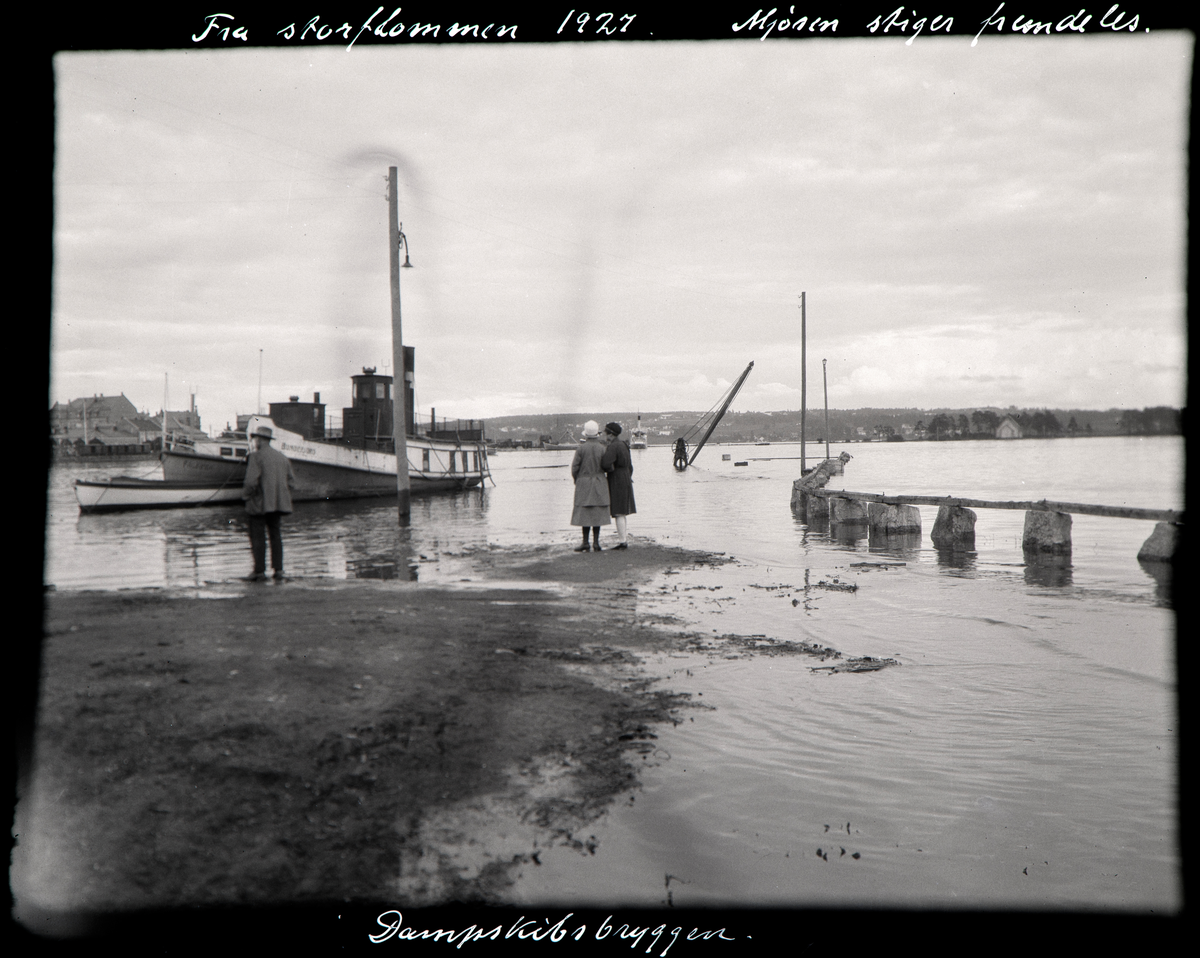 Hamar brygge, Mjøsflommen 1927, mjøsbåter ankret opp i Hamarbukta, D/S Bundefjord,
