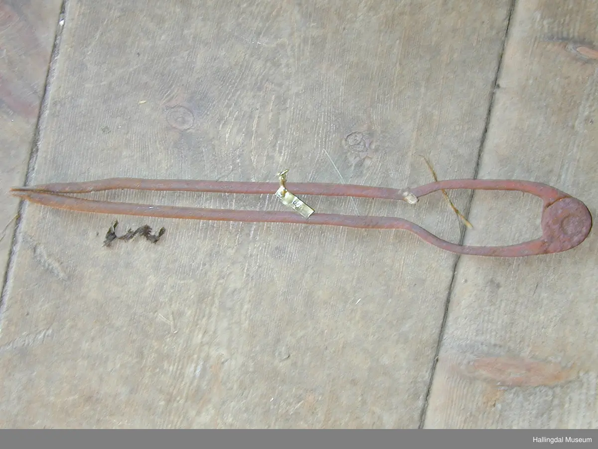 To jernstenger er hengslet sammen i endene. Innerst er de krumt fra hverandre. I den andre enden er de slått flate.