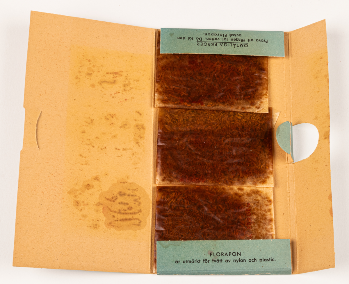 Tvättmedelsförpackning av papp. Obruten, innehåller tvättmedel. Platt, rektangulärt omslag. Tryck i blått, svart och rött på vit botten. På framsidan text: "Florapon fintvättmedlet" och "3 påsar - var och en för 5 liter vatten" samt "TEKN. A.B. FLORA GÄVLE" m.m. samt diverse klädesplagg. På baksidan finns "Dockan Flora", urklippsdocka med diverse kläder och medföljande hund "Fido".