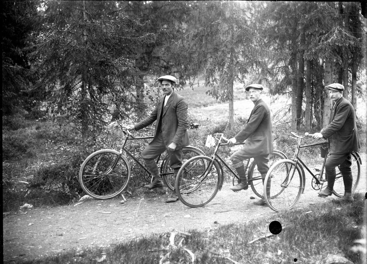 Portrett av 3 menn med sykkel. fv. Vilhelm Groland, Ole Theodorsen Grorud, og Halvor Kjølnes.

Fotosamling etter fotograf og skogsarbeider Ole Romsdalen (f. 23.02.1893).