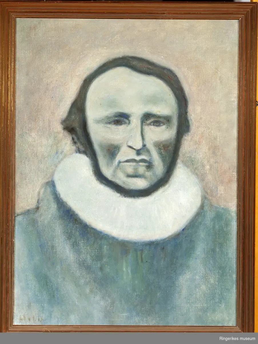 Portrettmaleri, av en prest. Ukjent person. Uleselig signatur. Maleriet er holdt i brun-grønne toner. 44 X 58 cm.