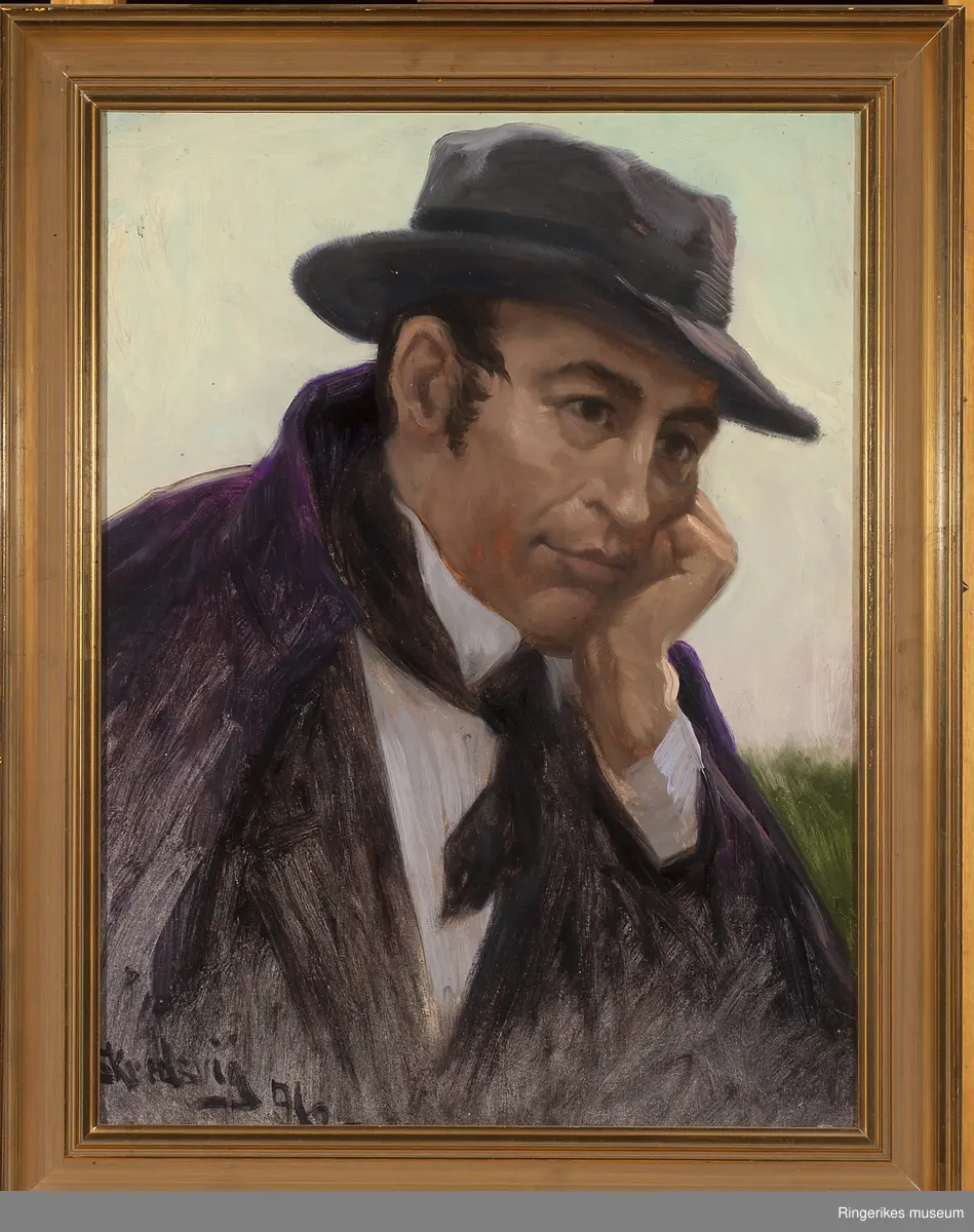 Portrett av Jørgen Moe sittende ettertenksom med hodet i hånda med hatt og uteklær.