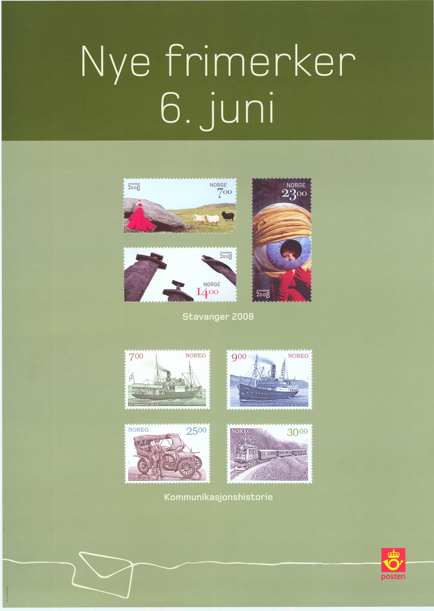 Plakat med motiv av frimerker, tekst og postlogo på grønn bakgrunn. 50 x 70 cm.