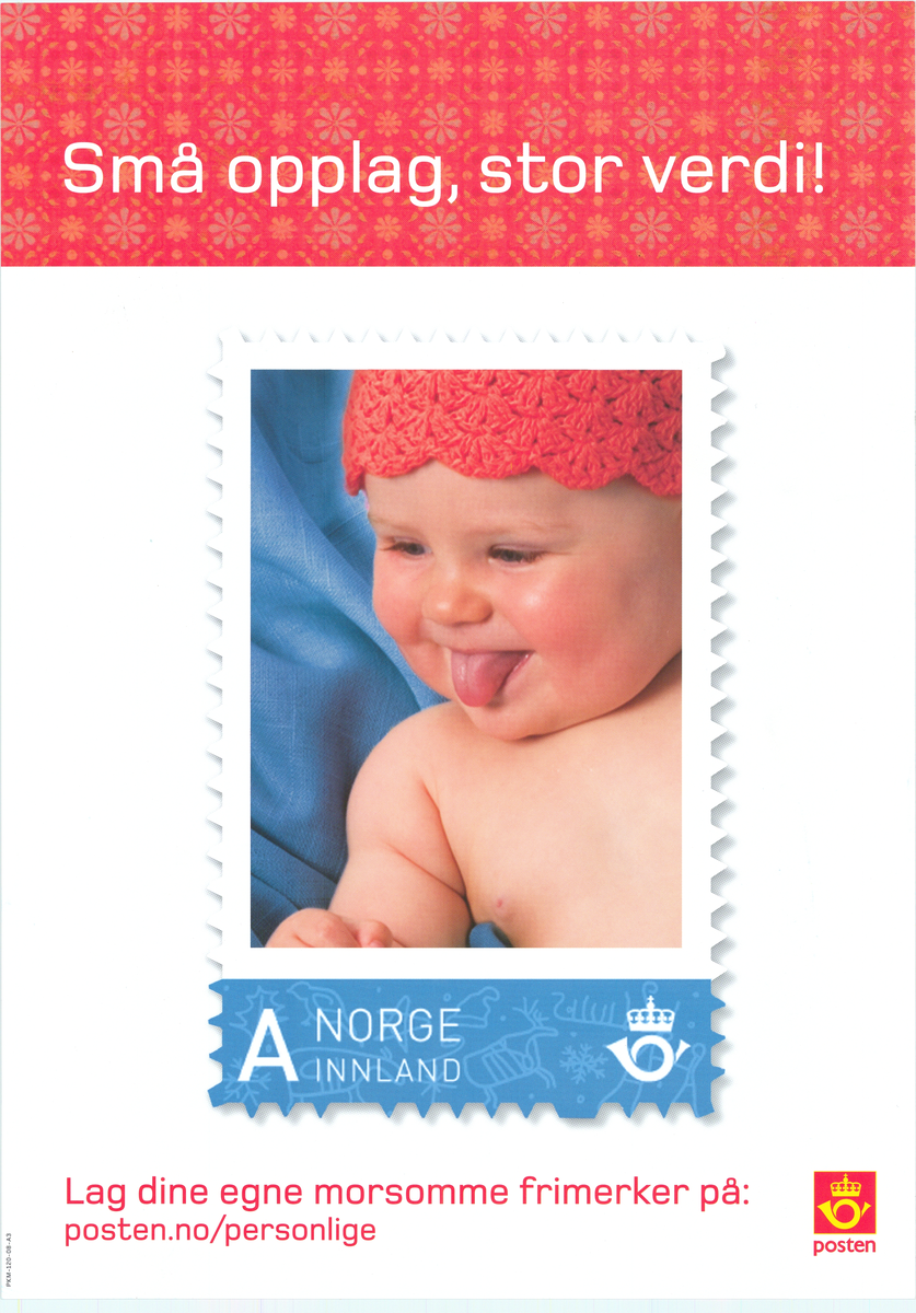 Plakat med motiv av frimerke, tekst og postlogo.