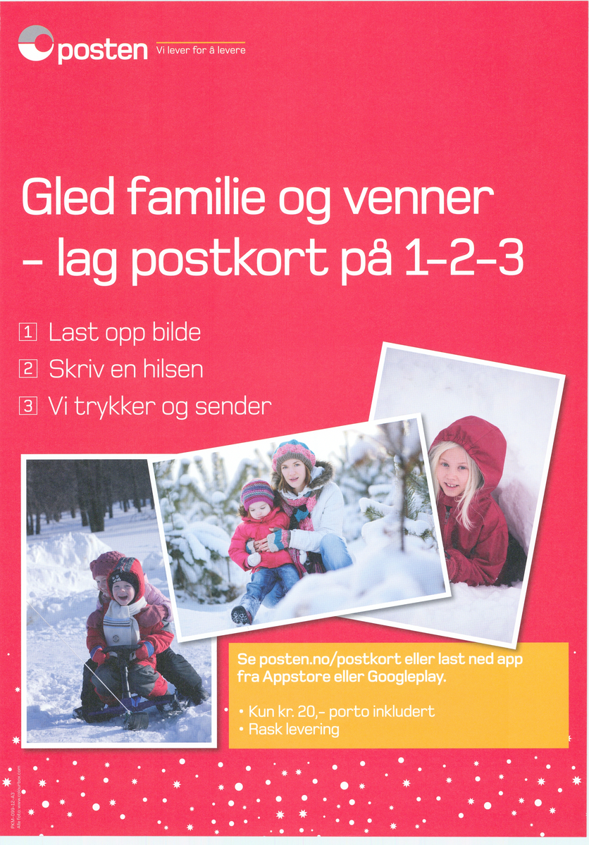 Plakat med motiv, tekst og postlogo på rød bakgrunn.