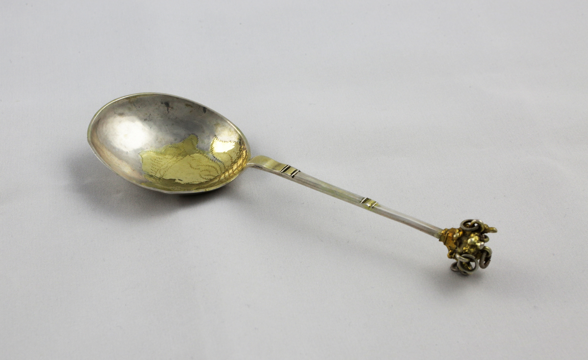 Brännvinssked med svagt päronformigt skedblad. Förgyllt graverat mönster med blomstermotiv. Skaftet avslutat med en förgylld kronknopp med fem små ringar.