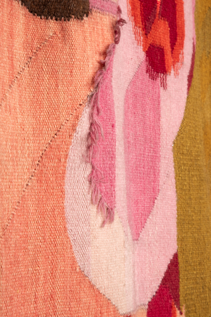 Figurativt og ornamentalt motiv vevd i hovedsakelig røde, rosa og brune fargetoner (ulltrådene farget med blant annet krapp og cochenille). Motivet er holdt i flaten med kun overlapping som uttrykk for romlighet. Det inneholder en rekke menneskefigurer (hel- og halvfigur) og hoder, hjerte- og blomsterformer. Komposisjonen har en vertikal tredeling. Et narrativ som omhandler kjærlighet, sorg og omsorg antydes, og kan leses fra venstre mot høyre: En kjolekledd, smilende kvinnefigur holder et stort rødt (liksom transparent) hjerte foran seg, og ved føttene hennes sees et lite barn som holder to hjerter i en tråd. Videre sees delte hjerter over en naken kvinne som holder seg til brystet der hjertet er erstattet av et åpent, rødt sår. Midtfeltet har en vertikal flettet kransform som danner tre mellomrom fylt med klynger av ansikter og hender; det nederste av disse inneholder i tillegg en katt. Høyre del av komposisjonen domineres av en naken kvinnefigur, flankert av en stor rød rose og to hjerter med barneansikt i midten. Hun har et tydelig bekymkret ansiktsuttrykk, og holder en liten, lys barnhånd i sin. Under denne, i motivets nedre høyre hjørne, sees kunstnerens signatur, verkets tittel, og årstallet det ble laget.