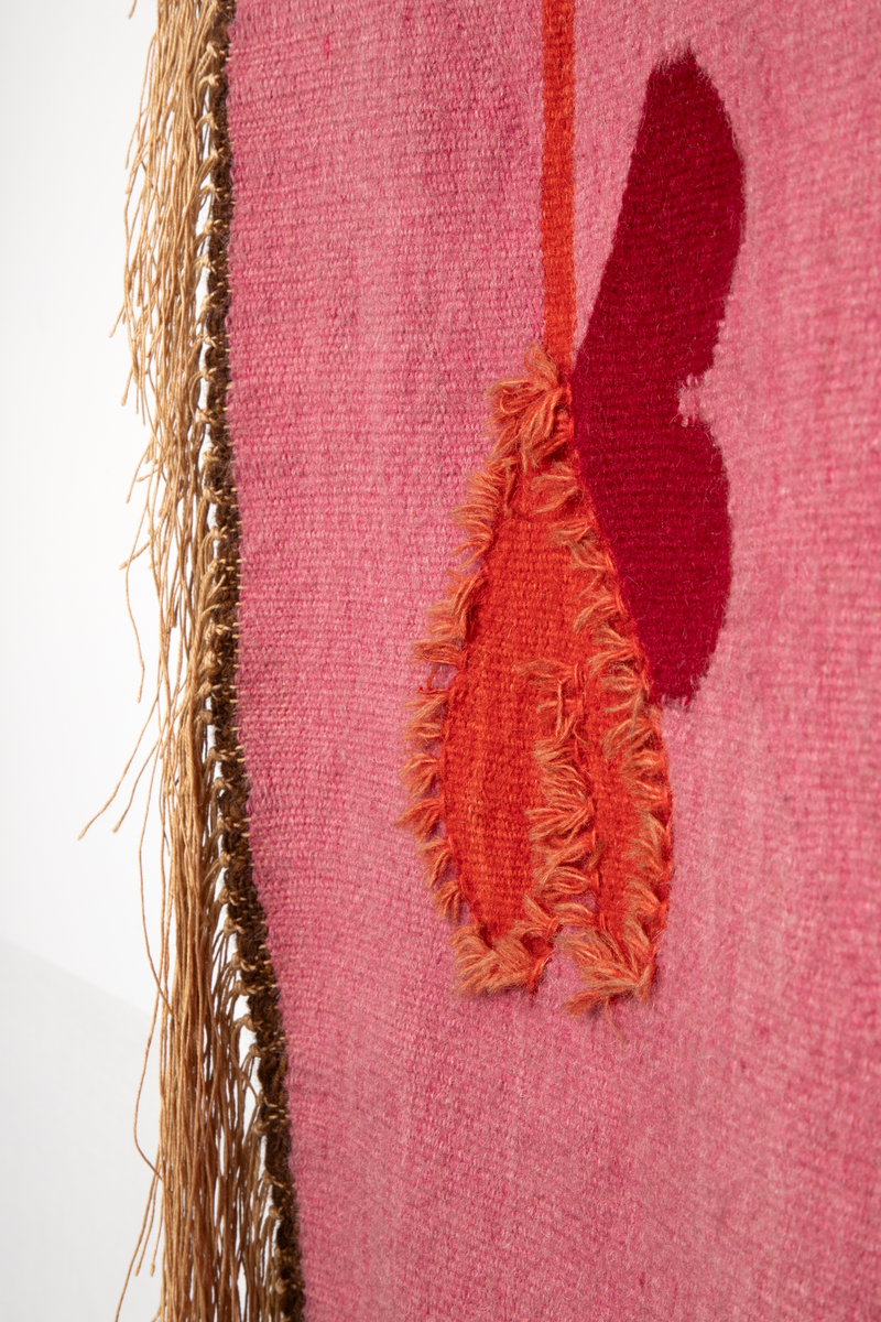 Figurativt og ornamentalt motiv vevd i hovedsakelig røde, rosa og brune fargetoner (ulltrådene farget med blant annet krapp og cochenille). Motivet er holdt i flaten med kun overlapping som uttrykk for romlighet. Det inneholder en rekke menneskefigurer (hel- og halvfigur) og hoder, hjerte- og blomsterformer. Komposisjonen har en vertikal tredeling. Et narrativ som omhandler kjærlighet, sorg og omsorg antydes, og kan leses fra venstre mot høyre: En kjolekledd, smilende kvinnefigur holder et stort rødt (liksom transparent) hjerte foran seg, og ved føttene hennes sees et lite barn som holder to hjerter i en tråd. Videre sees delte hjerter over en naken kvinne som holder seg til brystet der hjertet er erstattet av et åpent, rødt sår. Midtfeltet har en vertikal flettet kransform som danner tre mellomrom fylt med klynger av ansikter og hender; det nederste av disse inneholder i tillegg en katt. Høyre del av komposisjonen domineres av en naken kvinnefigur, flankert av en stor rød rose og to hjerter med barneansikt i midten. Hun har et tydelig bekymkret ansiktsuttrykk, og holder en liten, lys barnhånd i sin. Under denne, i motivets nedre høyre hjørne, sees kunstnerens signatur, verkets tittel, og årstallet det ble laget.