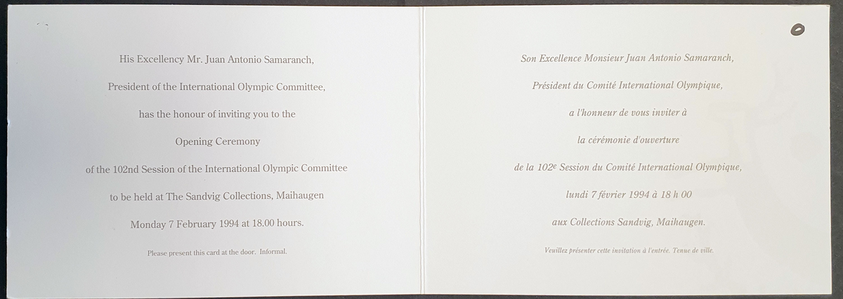 Invitasjon til IOC-medlemmer til åpning av 102. IOC Session på Lillehammer i Maihaugsalen, fra IOC-president Samarancg. Design fra Lillehammer'94.