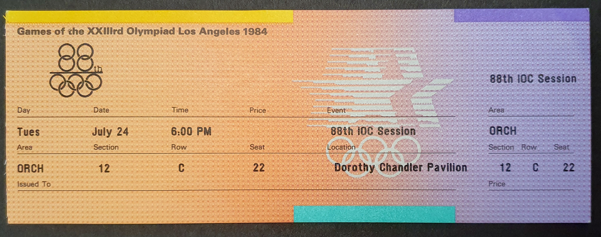 Billett til avslutningsseremonien for den 88. IOC Session i Los Angeles 1984. Billetten er brukt.