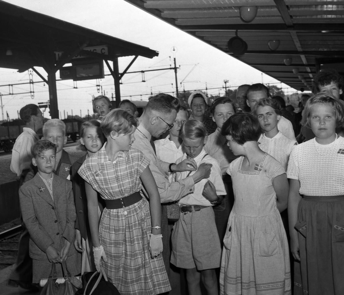 Sommaren 1953 kom ett gäng ungdomar från Linköpings vänort Roskilde på besök. På bilden fäster ledaren Folke Larsson en svensk flagga på eleverna. Efter andra världskriget ökade det nordiska samarbetet på olika nivåer. Linköping fick vänorter i de övriga Nordiska länderna....

385 bilder om Linköping på 1950-talet från tidningen Östgötens arkiv. Framtidstro och optimism är ord som sammanfattar Linköping på femtiotalet. Årtiondet innebar satsningar för att förbättra linköpingsbornas livsvillkor. Bostadsfrågan och trafiklösningarna dominerade den lokalpolitiska agendan.
Bilderna digitaliserades år 2013.