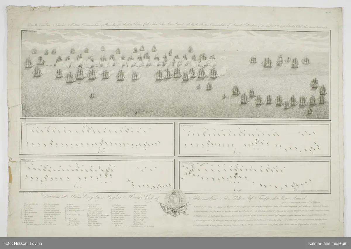 Slaget mellan svenska och ryska flottan den 26 juli 1789 utanför Ölands södra udde. Överst en bild av fartygen, under denna fyra ritningar över ställningen i slaget vid fyra olika tidpunkter och längst ner en lista över de svenska skeppen och dess befälhavare.