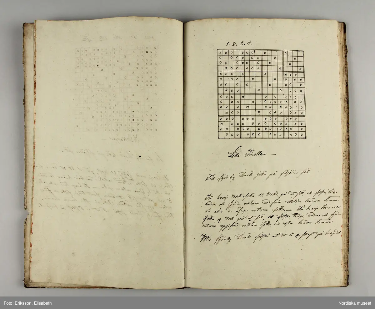 Inbunden bok med brunmarmorerade pärmar och rygg av brunt skinn. På första sidan skrivet för hand: "Wäf-Mönster-Bok för Demoisellerne Ekenmark tillhörig Anna Lithén Skara den 27 nov. 1826."
Innehåller 27 damast-och drällnotor av de vanliga slag som lärdes ut på Ekenmarks ambulerande vävkurser. Mönstrens namn påskrivna.
Bak i boken finns vävnotor och 17 tygprover på småmönstrade mångskaftade  vävnader som också lärdes ut på kurserna., samma som finns i deras tryckta läroböcker, t.ex.: nr 52 (delvis) Mönster till faconer utan veck med en bom ( hålkrus). Nr 21, stjärntyg nr 24,  blombård nr 22, wecktyg med vandringsman nr 20, 2 schalettemönster, Wästtygsmönster nr 57, Förgätmigejmönstret nr 27 samt nr. 44 2 prover.
Boken i gott skick.
Har  tillhört vävlärarinnan Johanna Brunsson, som hade känd vävskola för utbildning av vävlärare i Stockholm. Givaren  Alma Jacobbson var hennes systerdotter som tog över verksamheten efter hennes död.
/Berit Eldvik 2012-02-28