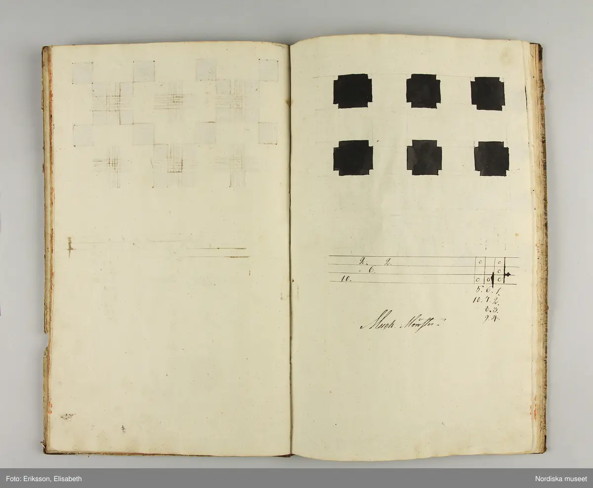 Inbunden bok med brunmarmorerade pärmar och rygg av brunt skinn. På första sidan skrivet för hand: "Wäf-Mönster-Bok för Demoisellerne Ekenmark tillhörig Anna Lithén Skara den 27 nov. 1826."
Innehåller 27 damast-och drällnotor av de vanliga slag som lärdes ut på Ekenmarks ambulerande vävkurser. Mönstrens namn påskrivna.
Bak i boken finns vävnotor och 17 tygprover på småmönstrade mångskaftade  vävnader som också lärdes ut på kurserna., samma som finns i deras tryckta läroböcker, t.ex.: nr 52 (delvis) Mönster till faconer utan veck med en bom ( hålkrus). Nr 21, stjärntyg nr 24,  blombård nr 22, wecktyg med vandringsman nr 20, 2 schalettemönster, Wästtygsmönster nr 57, Förgätmigejmönstret nr 27 samt nr. 44 2 prover.
Boken i gott skick.
Har  tillhört vävlärarinnan Johanna Brunsson, som hade känd vävskola för utbildning av vävlärare i Stockholm. Givaren  Alma Jacobbson var hennes systerdotter som tog över verksamheten efter hennes död.
/Berit Eldvik 2012-02-28