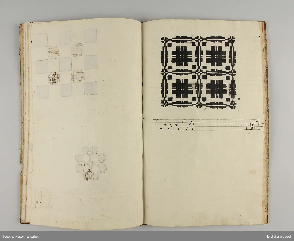 Inbunden bok med brunmarmorerade pärmar och rygg av brunt skinn. På första sidan skrivet för hand: "Wäf-Mönster-Bok för Demoisellerne Ekenmark tillhörig Anna Lithén Skara den 27 nov. 1826."
Innehåller 27 damast-och drällnotor av de vanliga slag som lärdes ut på Ekenmarks ambulerande vävkurser. Mönstrens namn påskrivna.
Bak i boken finns vävnotor och 17 tygprover på småmönstrade mångskaftade  vävnader som också lärdes ut på kurserna., samma som finns i deras tryckta läroböcker, t.ex.: nr 52 (delvis) Mönster till faconer utan veck med en bom ( hålkrus). Nr 21, stjärntyg nr 24,  blombård nr 22, wecktyg med vandringsman nr 20, 2 schalettemönster, Wästtygsmönster nr 57, Förgätmigejmönstret nr 27 samt nr. 44 2 prover.
Boken i gott skick.
Har  tillhört vävlärarinnan Johanna Brunsson, som hade känd vävskola för utbildning av vävlärare i Stockholm. Givaren  Alma Jacobbson var hennes systerdotter som tog över verksamheten efter hennes död.
/Berit Eldvik 2012-02-28