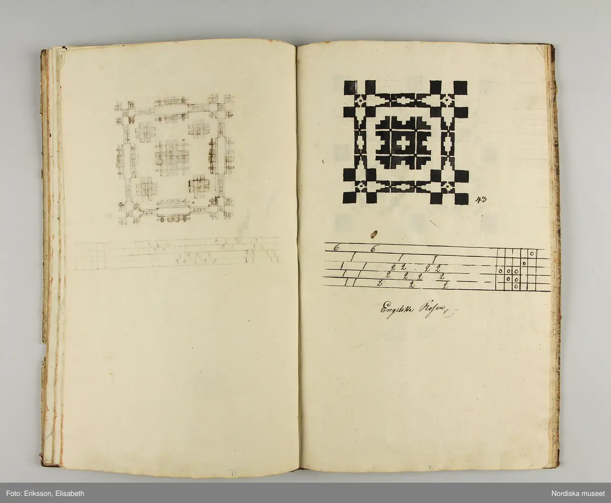 Inbunden bok med brunmarmorerade pärmar och rygg av brunt skinn. På första sidan skrivet för hand: "Wäf-Mönster-Bok för Demoisellerne Ekenmark tillhörig Anna Lithén Skara den 27 nov. 1826."
Innehåller 27 damast-och drällnotor av de vanliga slag som lärdes ut på Ekenmarks ambulerande vävkurser. Mönstrens namn påskrivna.
Bak i boken finns vävnotor och 17 tygprover på småmönstrade mångskaftade  vävnader som också lärdes ut på kurserna., samma som finns i deras tryckta läroböcker, t.ex.: nr 52 (delvis) Mönster till faconer utan veck med en bom ( hålkrus). Nr 21, stjärntyg nr 24,  blombård nr 22, wecktyg med vandringsman nr 20, 2 schalettemönster, Wästtygsmönster nr 57, Förgätmigejmönstret nr 27 samt nr. 44 2 prover.
Boken i gott skick.
Har  tillhört vävlärarinnan Johanna Brunsson, som hade känd vävskola för utbildning av vävlärare i Stockholm. Givaren  Alma Jacobbson var hennes systerdotter som tog över verksamheten efter hennes död.
/Berit Eldvik 2012-02-28