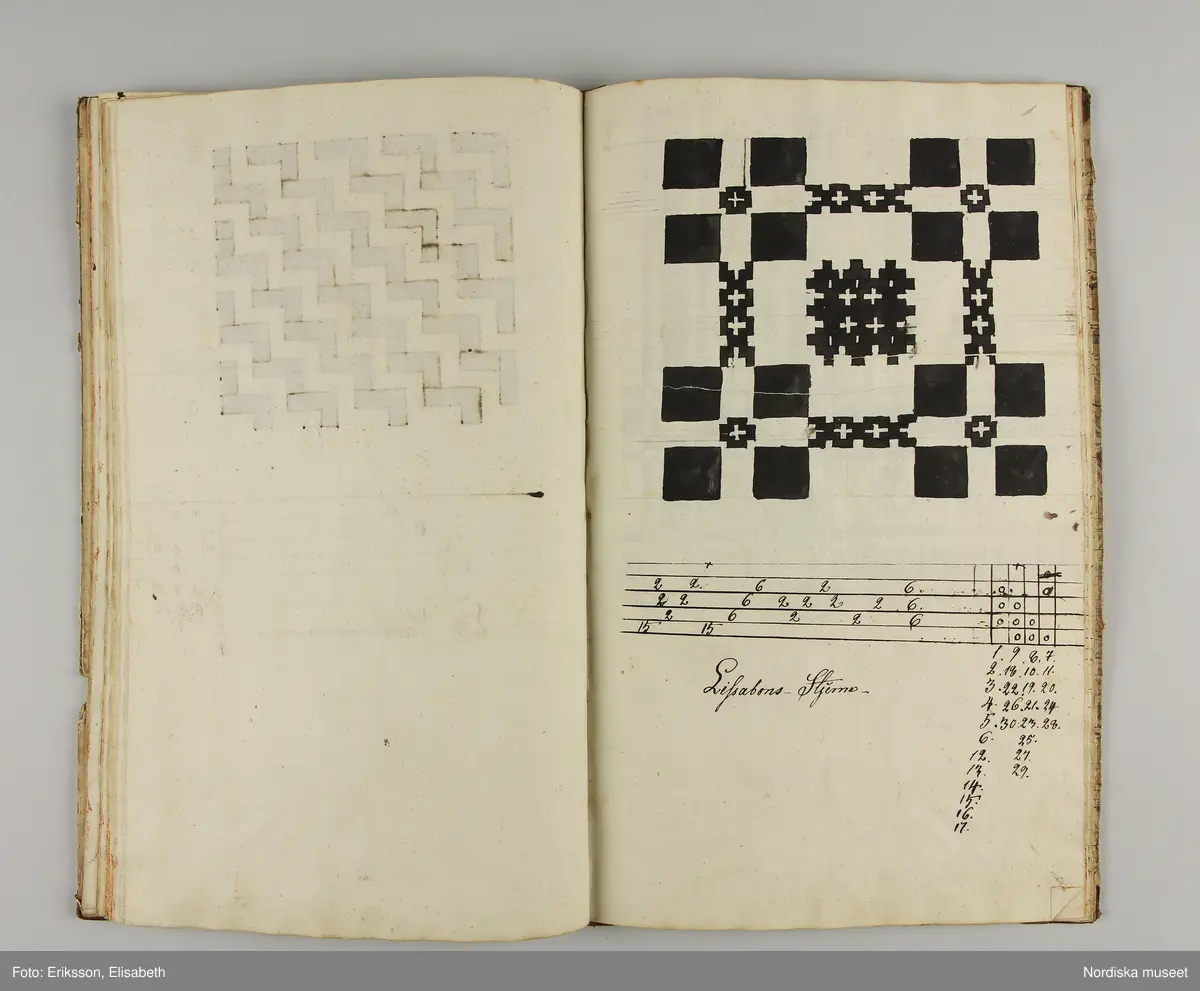 Inbunden bok med brunmarmorerade pärmar och rygg av brunt skinn. På första sidan skrivet för hand: "Wäf-Mönster-Bok för Demoisellerne Ekenmark tillhörig Anna Lithén Skara den 27 nov. 1826."
Innehåller 27 damast-och drällnotor av de vanliga slag som lärdes ut på Ekenmarks ambulerande vävkurser. Mönstrens namn påskrivna.
Bak i boken finns vävnotor och 17 tygprover på småmönstrade mångskaftade  vävnader som också lärdes ut på kurserna., samma som finns i deras tryckta läroböcker, t.ex.: nr 52 (delvis) Mönster till faconer utan veck med en bom ( hålkrus). Nr 21, stjärntyg nr 24,  blombård nr 22, wecktyg med vandringsman nr 20, 2 schalettemönster, Wästtygsmönster nr 57, Förgätmigejmönstret nr 27 samt nr. 44 2 prover.
Boken i gott skick.
Har  tillhört vävlärarinnan Johanna Brunsson, som hade känd vävskola för utbildning av vävlärare i Stockholm. Givaren  Alma Jacobbson var hennes systerdotter som tog över verksamheten efter hennes död.
/Berit Eldvik 2012-02-28