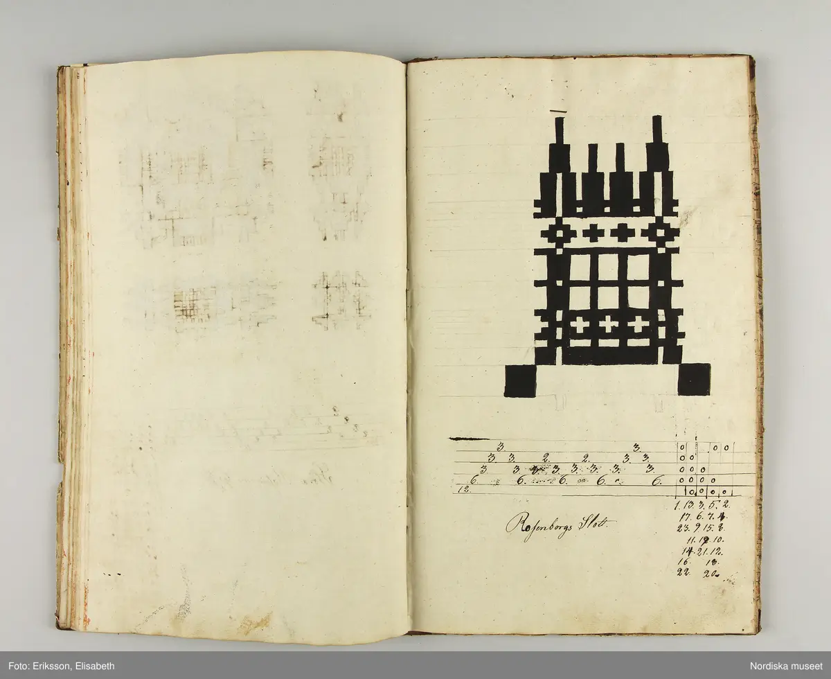 Inbunden bok med brunmarmorerade pärmar och rygg av brunt skinn. På första sidan skrivet för hand: "Wäf-Mönster-Bok för Demoisellerne Ekenmark tillhörig Anna Lithén Skara den 27 nov. 1826."
Innehåller 27 damast-och drällnotor av de vanliga slag som lärdes ut på Ekenmarks ambulerande vävkurser. Mönstrens namn påskrivna.
Bak i boken finns vävnotor och 17 tygprover på småmönstrade mångskaftade  vävnader som också lärdes ut på kurserna., samma som finns i deras tryckta läroböcker, t.ex.: nr 52 (delvis) Mönster till faconer utan veck med en bom ( hålkrus). Nr 21, stjärntyg nr 24,  blombård nr 22, wecktyg med vandringsman nr 20, 2 schalettemönster, Wästtygsmönster nr 57, Förgätmigejmönstret nr 27 samt nr. 44 2 prover.
Boken i gott skick.
Har  tillhört vävlärarinnan Johanna Brunsson, som hade känd vävskola för utbildning av vävlärare i Stockholm. Givaren  Alma Jacobbson var hennes systerdotter som tog över verksamheten efter hennes död.
/Berit Eldvik 2012-02-28