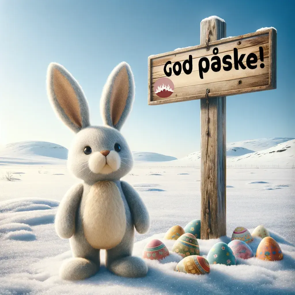 En påskehare på Finnmarksvidda, ved siden av et skilt der det står "God påske!", samt Gjenreisningsmuseets logo.