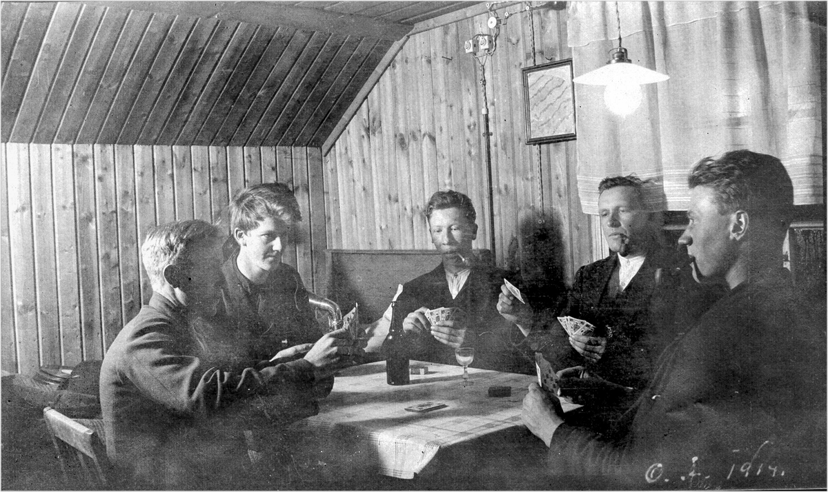 Kortspillkveld i Komnes.
Fra venstre Olaf Gran, Ole Aannestad, Martin Gran, Peder Nesset, Kristoffer Borge. 1914.