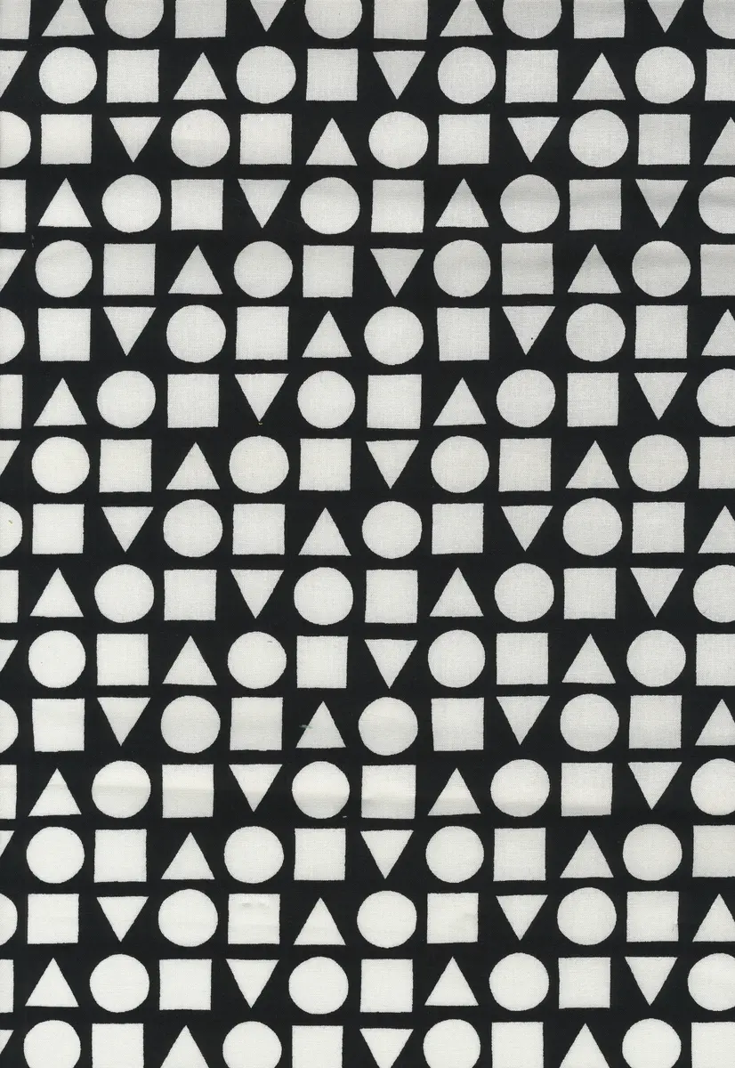 Provbitar: Geometriska vita figurer på svart, beige,röd, lila, blå, klargrön eller olivgrön botten. Geometriska figurer i glada färger och svart på vit botten.