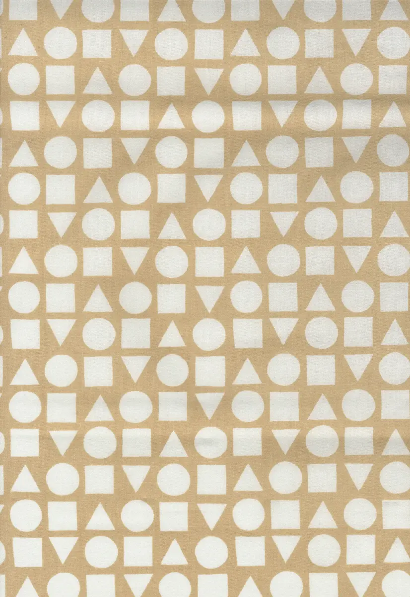 Provbitar: Geometriska vita figurer på svart, beige,röd, lila, blå, klargrön eller olivgrön botten. Geometriska figurer i glada färger och svart på vit botten.