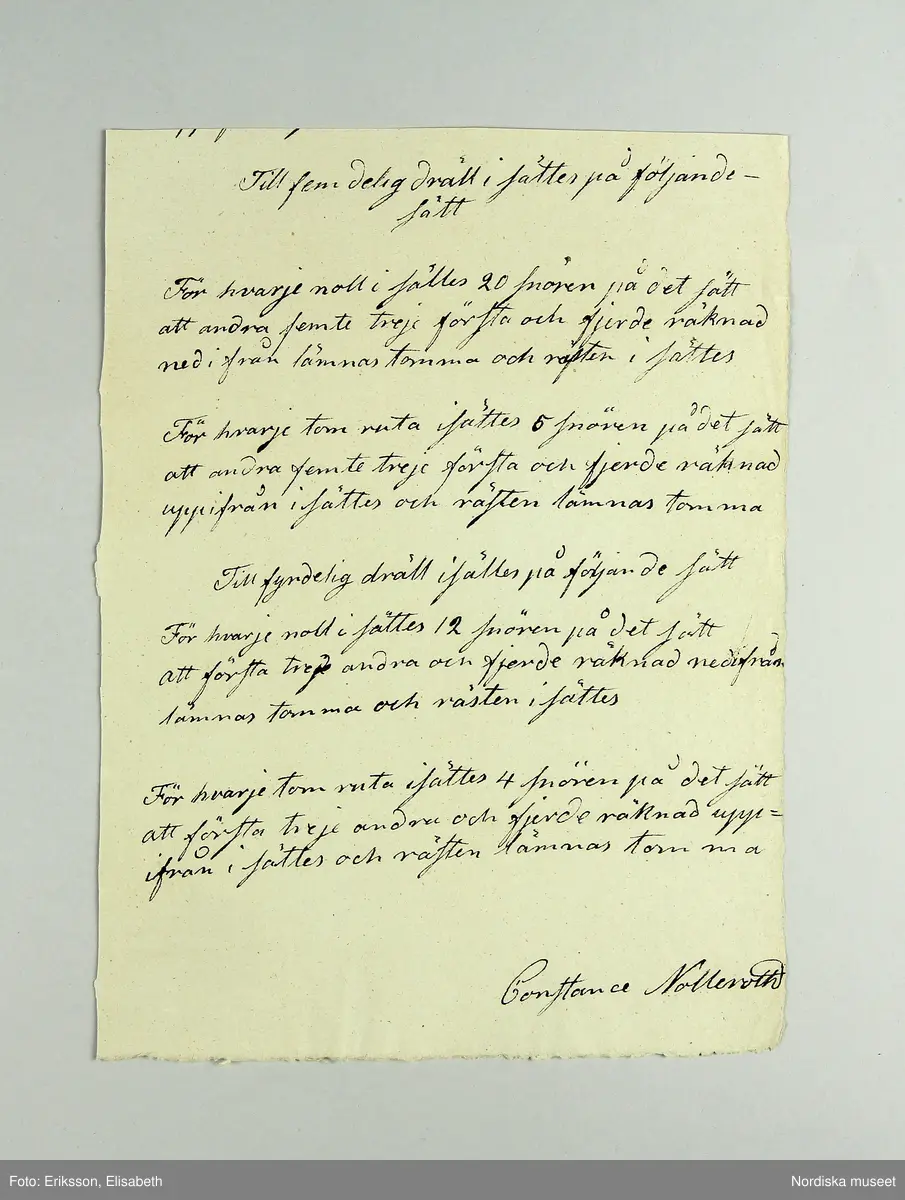 En samling lösa blad med vävnotor tecknade för hand på ljusgrått lumppapper med svart bläck. Består av 5 dubbelvikta ark, 48 enkelblad både i folioformat och mindre samt 1 ark och ett blad handskrivna  med diverse anvisningar vid drällvävning. Dessutom finns ett tryckt blad skrivet av J.E.Ekenmark: "Om drällswäfnad i 20, 25 och 30 skaft". Göteborg 4 augusti 1825.  Tillsammans med ett blad som är en förteckning eller kvitto från juli 1825 på  vad ägaren betalat för en mängd olika vävredskap samt en "Wäfbok" visar det att ägaren deltagit i en av systrarna Ekenmarks vävkurser i drällvävning och faconerad vävning detta år, troligen i Göteborg eller dess närhet där hon bodde. Det framgår i en not på ett av bladen att det bör ha varit L.M och G.F Ekenamark alltså Lovisa Maria och  Gustava Fredrika.
Bland de mönster som här finns nedtecknade kan man känna igen flera  t.ex. "Rött tyg med vita faconer" från tygprovsamlingar i Nordiska museet t.ex. 116.293 från M.B.Siberg som även hon gick på Ekenmarkskurs 1825, och 86 646 från J.W.Roos af Hjelmsäter.
Benämningar på drällmönster:
Tapeten, Riddarstjernan, Vinkelstiernan i zig zag, Citronmönster, Ryska korset, Fransyska Rosen, Davids harpa, Sten med Krans, Borås dräll, Baylonska Tornet, Kattfot i Rankor, Götheborgs mönster, Borgå Mönster, Spetsig kattfot i Ränder, Lissabons Stjerna, Stora Wandringsmannen, Lilla Wandringsmannen, Klöfver i zig zag, Lilla Nordstjernan med gaffel, Lilla Finskan, Dukaten, Natt och Dag, Rosenborgs slott.
På flera av mönstren står hänvisning: "Uppknytningen finns på tabellen no. 1 i väfboken" och då syftas på Ekenmark: Handbok för unga fruntimmer, utgiven 1820.
Constance Nolleroth var född 1811 dotter till M.Baltzar Nolleroth, häradshövding och rådman i Göteborg. Hon gifte sig 1833 med kyrkoherden Adolf Johan Broman  i Otterstad socken, Kållands hd.. Paret var barnlöst, hon dog 1897.
/Berit Eldvik 2011-02-21