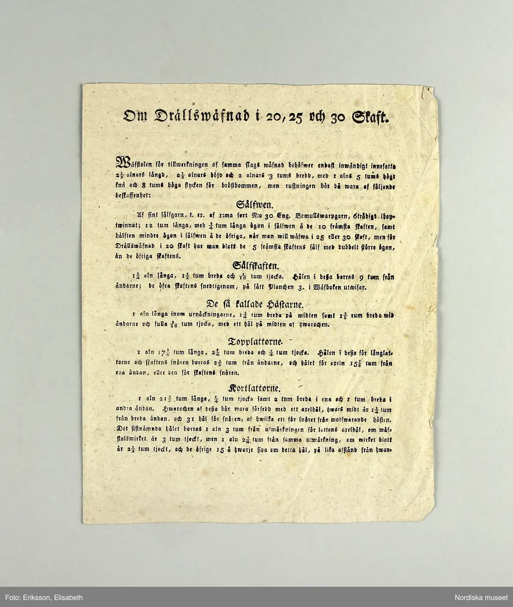En samling lösa blad med vävnotor tecknade för hand på ljusgrått lumppapper med svart bläck. Består av 5 dubbelvikta ark, 48 enkelblad både i folioformat och mindre samt 1 ark och ett blad handskrivna  med diverse anvisningar vid drällvävning. Dessutom finns ett tryckt blad skrivet av J.E.Ekenmark: "Om drällswäfnad i 20, 25 och 30 skaft". Göteborg 4 augusti 1825.  Tillsammans med ett blad som är en förteckning eller kvitto från juli 1825 på  vad ägaren betalat för en mängd olika vävredskap samt en "Wäfbok" visar det att ägaren deltagit i en av systrarna Ekenmarks vävkurser i drällvävning och faconerad vävning detta år, troligen i Göteborg eller dess närhet där hon bodde. Det framgår i en not på ett av bladen att det bör ha varit L.M och G.F Ekenamark alltså Lovisa Maria och  Gustava Fredrika.
Bland de mönster som här finns nedtecknade kan man känna igen flera  t.ex. "Rött tyg med vita faconer" från tygprovsamlingar i Nordiska museet t.ex. 116.293 från M.B.Siberg som även hon gick på Ekenmarkskurs 1825, och 86 646 från J.W.Roos af Hjelmsäter.
Benämningar på drällmönster:
Tapeten, Riddarstjernan, Vinkelstiernan i zig zag, Citronmönster, Ryska korset, Fransyska Rosen, Davids harpa, Sten med Krans, Borås dräll, Baylonska Tornet, Kattfot i Rankor, Götheborgs mönster, Borgå Mönster, Spetsig kattfot i Ränder, Lissabons Stjerna, Stora Wandringsmannen, Lilla Wandringsmannen, Klöfver i zig zag, Lilla Nordstjernan med gaffel, Lilla Finskan, Dukaten, Natt och Dag, Rosenborgs slott.
På flera av mönstren står hänvisning: "Uppknytningen finns på tabellen no. 1 i väfboken" och då syftas på Ekenmark: Handbok för unga fruntimmer, utgiven 1820.
Constance Nolleroth var född 1811 dotter till M.Baltzar Nolleroth, häradshövding och rådman i Göteborg. Hon gifte sig 1833 med kyrkoherden Adolf Johan Broman  i Otterstad socken, Kållands hd.. Paret var barnlöst, hon dog 1897.
/Berit Eldvik 2011-02-21