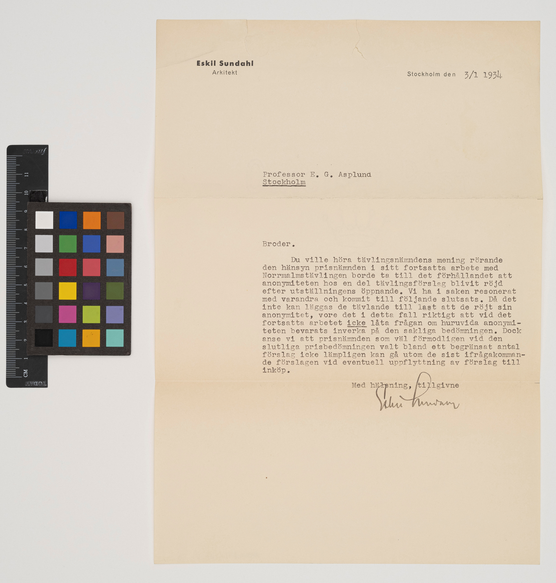 Brev till Gunnar Asplund.