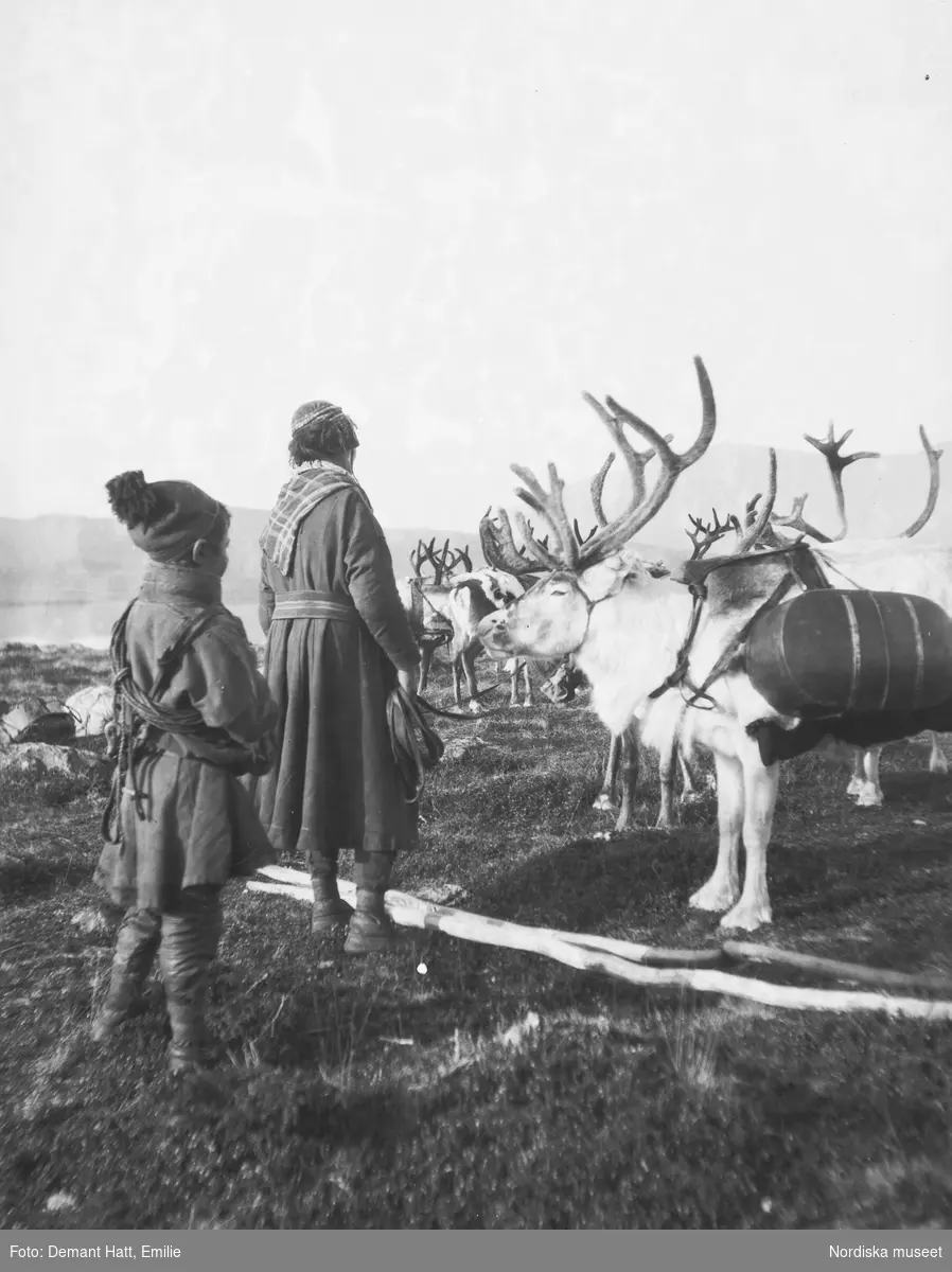 En kvinna och hennes son, Siri och Andaras (Sara och Nilsa Turi), tillsammans med Siris finaste ren Leksu under vinterflytten 1907-1908. Troligen vid Laimo Bilden ingår i en serie fotografier tagna av Emilie Demant Hatt i Sapmi mellan åren 1907 och 1916.