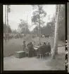 En grupp män sitter kring ett par bord uppställda utomhus på Skansen, Stockholm. Mellan dem står mikrofoner uppställda och en av männen har anteckningar framför sig. Möjligen radioupptagning/inspelning.