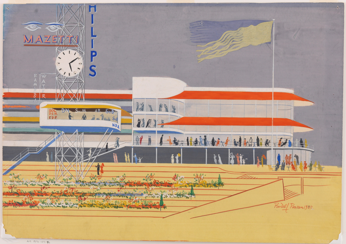 Perspektiv, gouache, Paradiset, huvudrestaurangen.
Stockholmsutställningen 1930