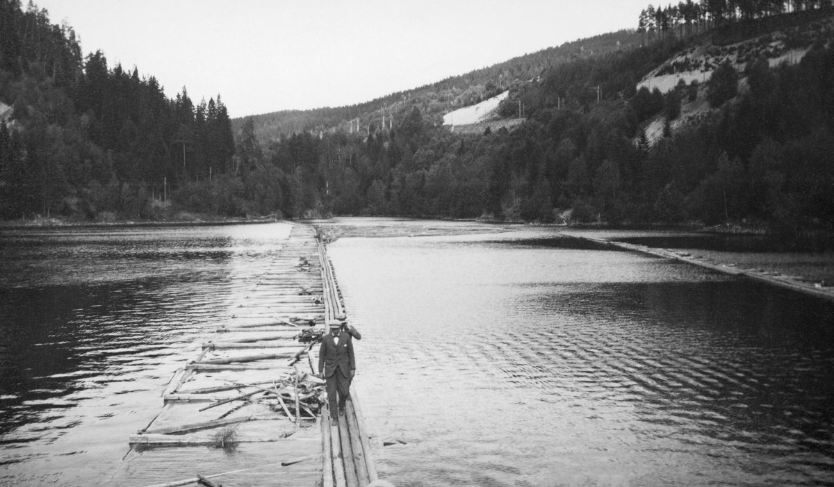 Stivlense i kraftverksdammen ved Lienfoss i Tinnåa i Notodden kommune i Telemark.  Fotografiet er tatt fra et høyt punkt, antakelig damkrona, oppover et bredt, stilleflytende elveløp, der den nevnte stivlensa er lagt i strømretningen.  Vi skimter en liknende konstruksjon også litt nærmere land til høyre i bildet.  Hensikten med disse lensene må ha vært å lede fløtingsvirket i en del av elveløpet hvor det ikke støtte på hindringer, mot inntaket til ei tømmerrenna, som skulle ta virket videre forbi damanlegget og kraftstasjonen. Her gikk renna på østsida av vassdraget.  Landskapet omkring elveløpet var skogdekt, med unntak av et par steder på det østre landet, hvor det ser ut til å ha oppstått vegetasjonsfrie skjæringer i sand- eller grusjord etter anleggsarbeid.  Fotografiet ble tatt i forbindelse med ei befaring Skiensvassdragets Fellesfløtningsforening arrangerte for norske fløtingsfunksjonærer sommeren 1921.  Et par av deltakerne på arrangementet gikk på stivlensa midt i bildet med retning mot fotografen da dette bildet ble tatt. 