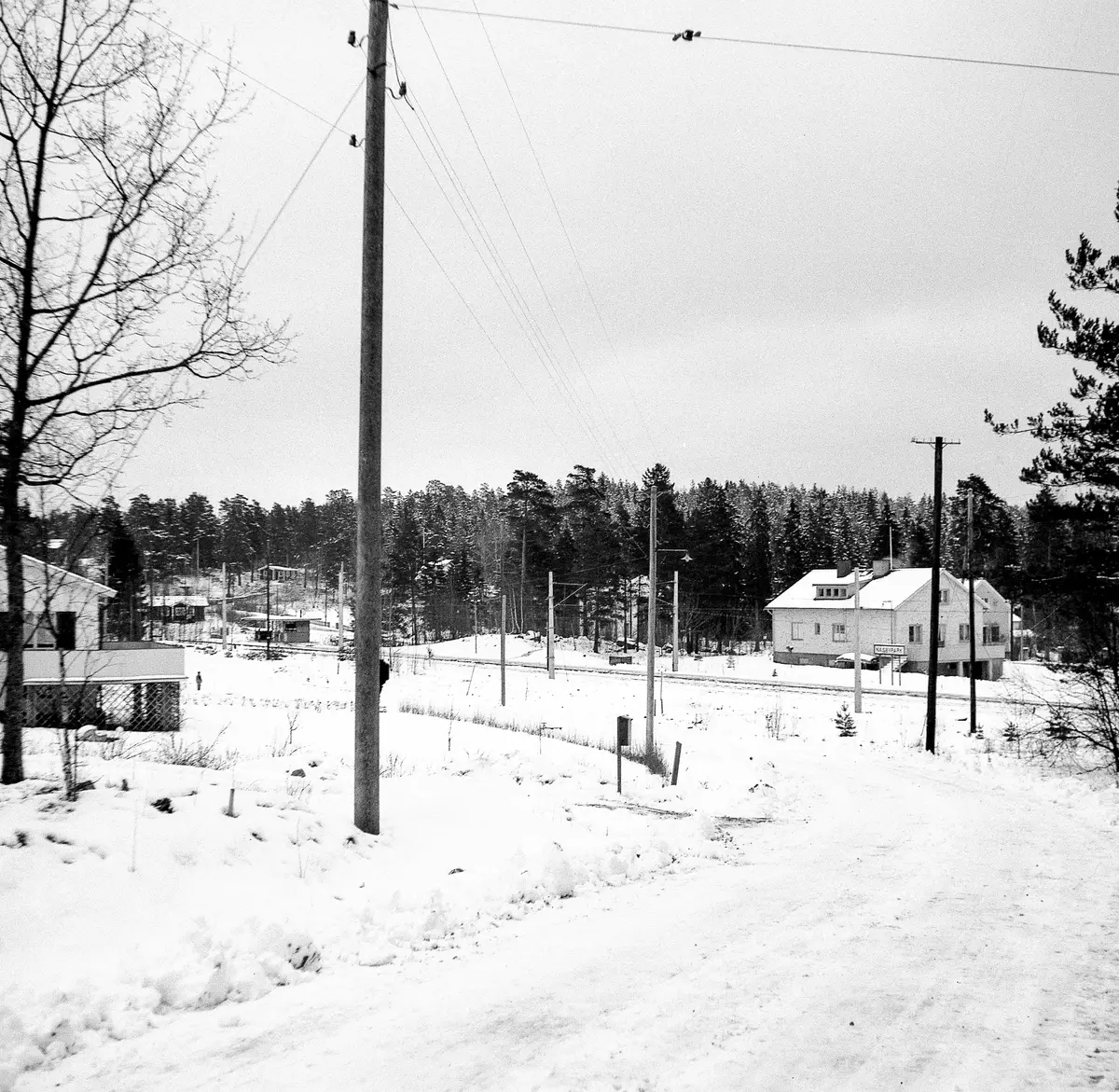 Bilden tagen från, dåvarande, Flottiljvägen när Flottiljvägen gick hela vägen fram till Näsbyparks station.
Vindskyddet ses till vänster om närmaste elstolpe, bakom vindskyddet Djursholmsvägen.
I villan till höger i bild fanns en fiskaffär.
Till vänster om vindskyddet ligger Sjötullstugan. ; Tullhus O DvT och tidigare ryttarstuga, även benämnt Näsby Ryttarstuga. och Sjötullsstugan. Nedbränt 1963. Namnet Sjötullstugan tyder på att det funnits en tullstation för resenärer via Stora Värtan.
Källor: Hfl och THF skrift nr 16 sid 108, nr 20 sid 42, nr 23 sid 21, nr 26 sid 56, 57, 63,73,74 och 134.
Hfl 1890-95: torparen Abraham Englund f. 1812 med hustru, ett barn, ett barnbarn och två fosterbarn. ::