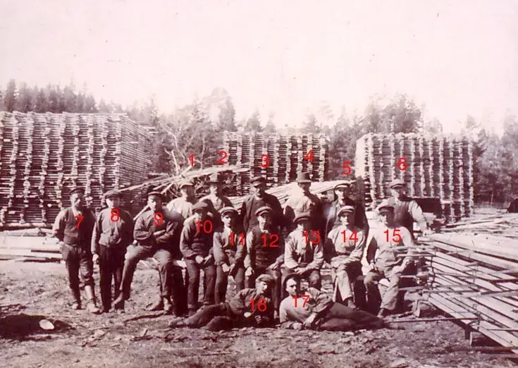 Personalen vid sågen 1915. Bakre raden: Pelle Blomberg (kom från Åker), Axel Lundqvist (nattvakt vid pappersbruket bl a), Strömberg (byggde Långdal), Flod (bodde vid Blåsut), Fredrik Karlsson, Hjalmar Gustavsson (Kråkhoppet). 
Mellersta raden: Karl Andersson (Kolarstugan), Gustav Andersson (Eriksdal), Larsson (kom från Länna), Knut Pettersson (Skeppar-Knutte, Gläntan), Algot Karlsson (Lugnet), Edward Gustavsson (Kråkhoppet), Aldor Johansson (Dammstugan, 16 år gammal), Ernst Olsson (Sågarstugan), Skeppare Pettersson (Gläntan, kallades "Gräddpelle", hade varit skeppare på mjölkbåt i Sthlm). 
Liggande på marken: Hagström (Rosenborg?, maskinist på sågen), Sven Karlsson (Gammmeltorp, maskinförare, senare vid PM2 pappersbruket.