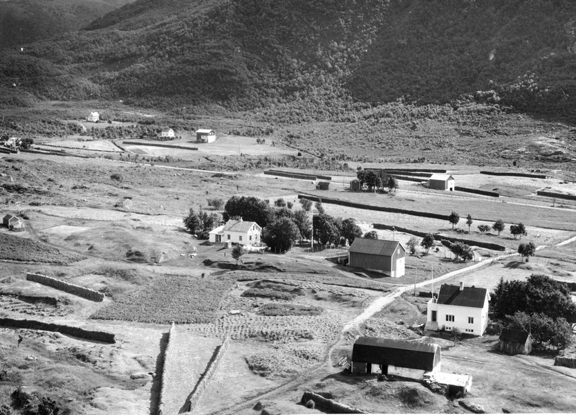 Flyfoto fra Fleines. I midten gården Vollan eid av Alvin og Erna Johannessen. Oppe i venstre billedkant skimtes gården til Roald og Hallfrid Kristiansen. Neste gård oppe ved fjellfoten til høyre var eid av Ingvald og Aslaug Hansen. Til høyre for den er gården til Jens og Helene Skogvold. Så følger, skjult blant trær, huset og fjøsen til Sofus og Marie Antonsen langs fylkesveien. Området der de to fremste husene ligger kalles Skallan.