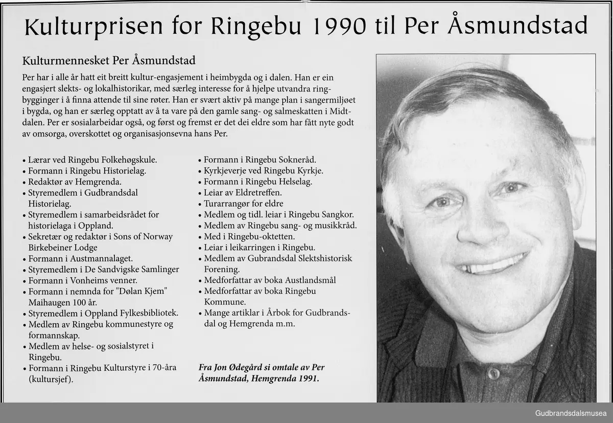 Kulturprisen for Ringebu 1990 til Per Åsmundstad.