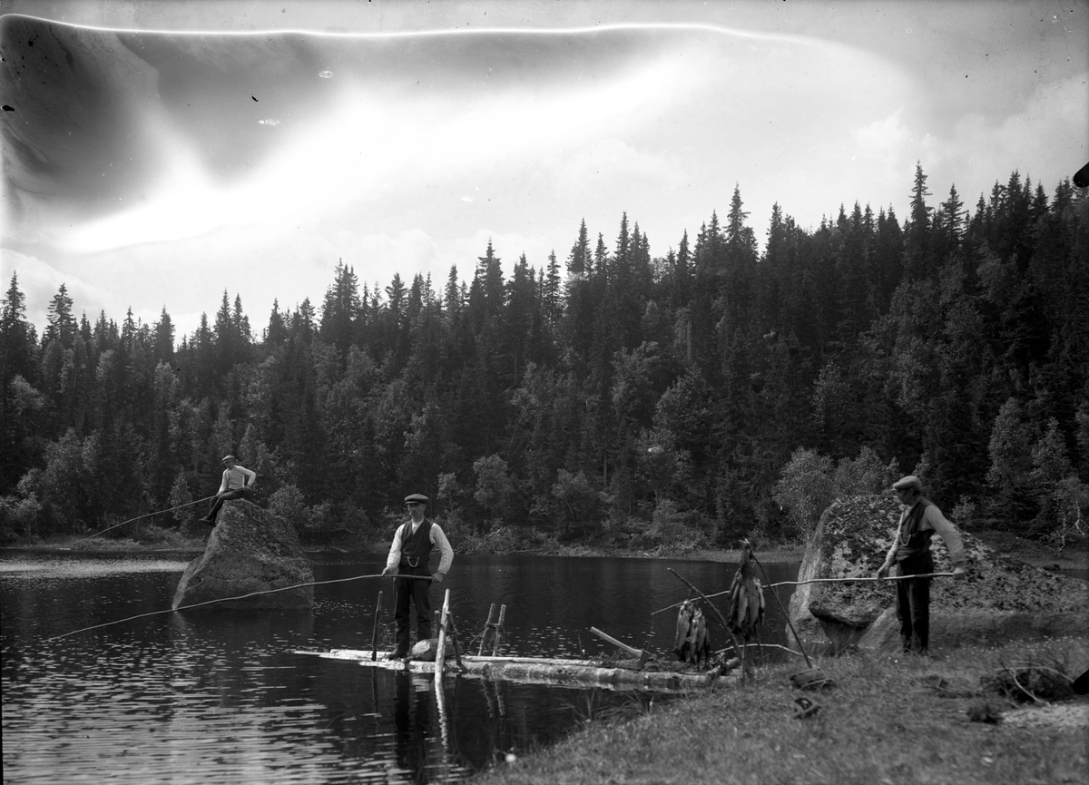 Gruppeportrett. Brødre på fisketur sammen med familievenn.

Fra venstre: Ole Romsdalen (1893), Martin Romsdalen (1882) og Anton Lystjern (1859) på fisketur i Øvre Arkvann. Fisk henger på knippet.

Fotosamling etter fotograf og skogsarbeider Ole Romsdalen (f. 23.02.1893).