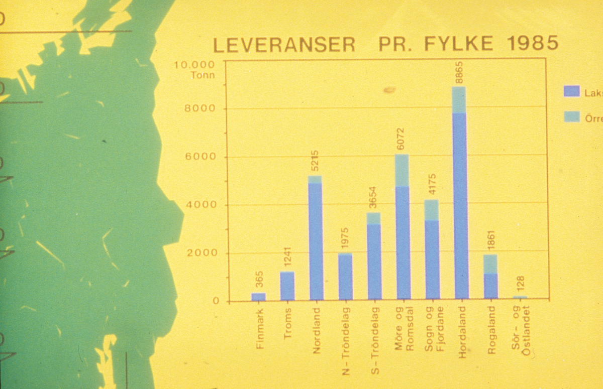 Tex-Fisk A/S : Plakat med oversikt over fiskeleveranser i tonn pr. fylke 1985