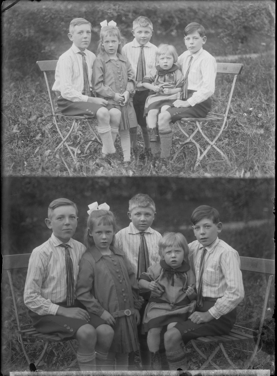 Fotografering beställd av Karlsson. Föreställer syskonen Karl Helge (1915-1996), Emil Hugo (1916-2006), Karl Johan Lennart (1919-2001), Astrid Birgit Irene (1921-) och Margit Olivia (1925-). De två äldre bröderna tog senare efternamnet Klevebrant.