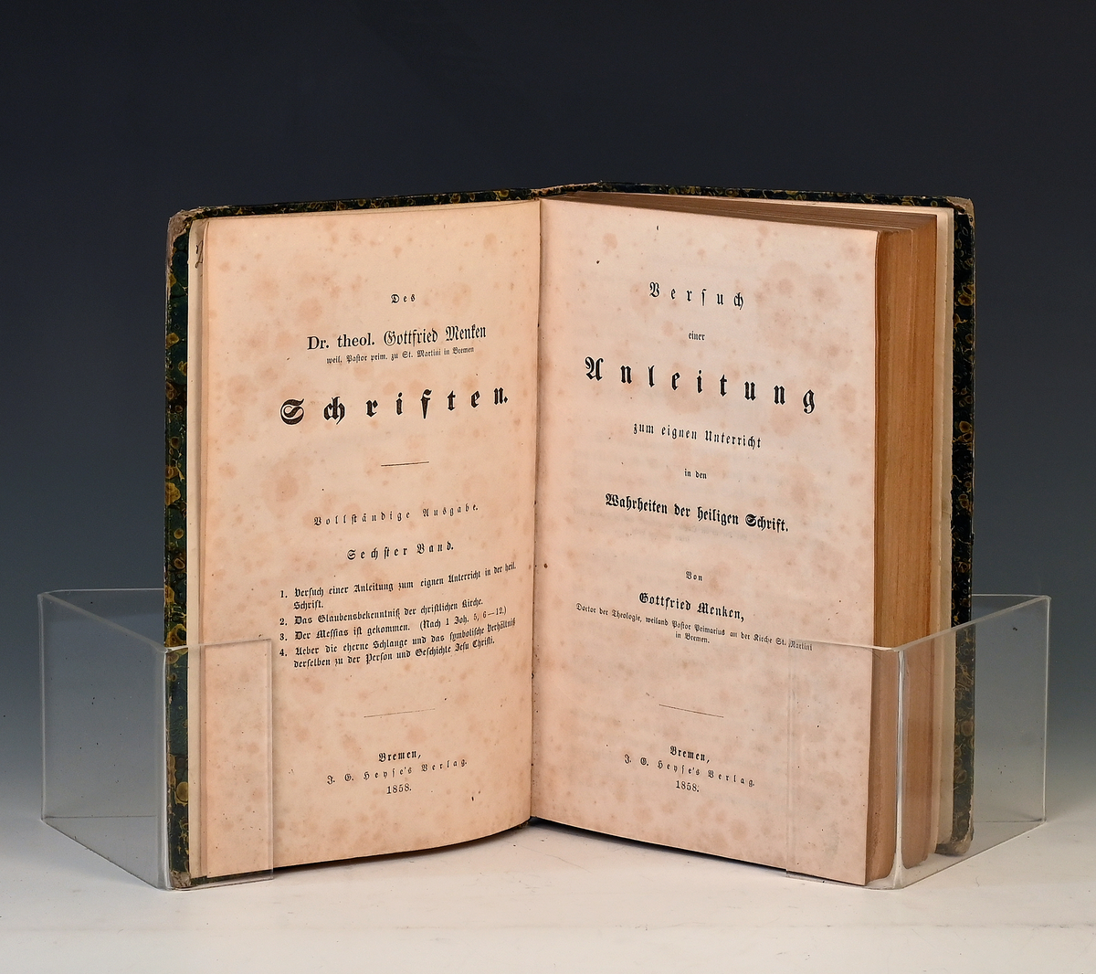 Menken, Gottfried. Versuch einer Anleitung zum eignen Unterrischs in den Wahrheiten der heiligen Schrift. Bremen 1858.
Menken, Schriften VI.