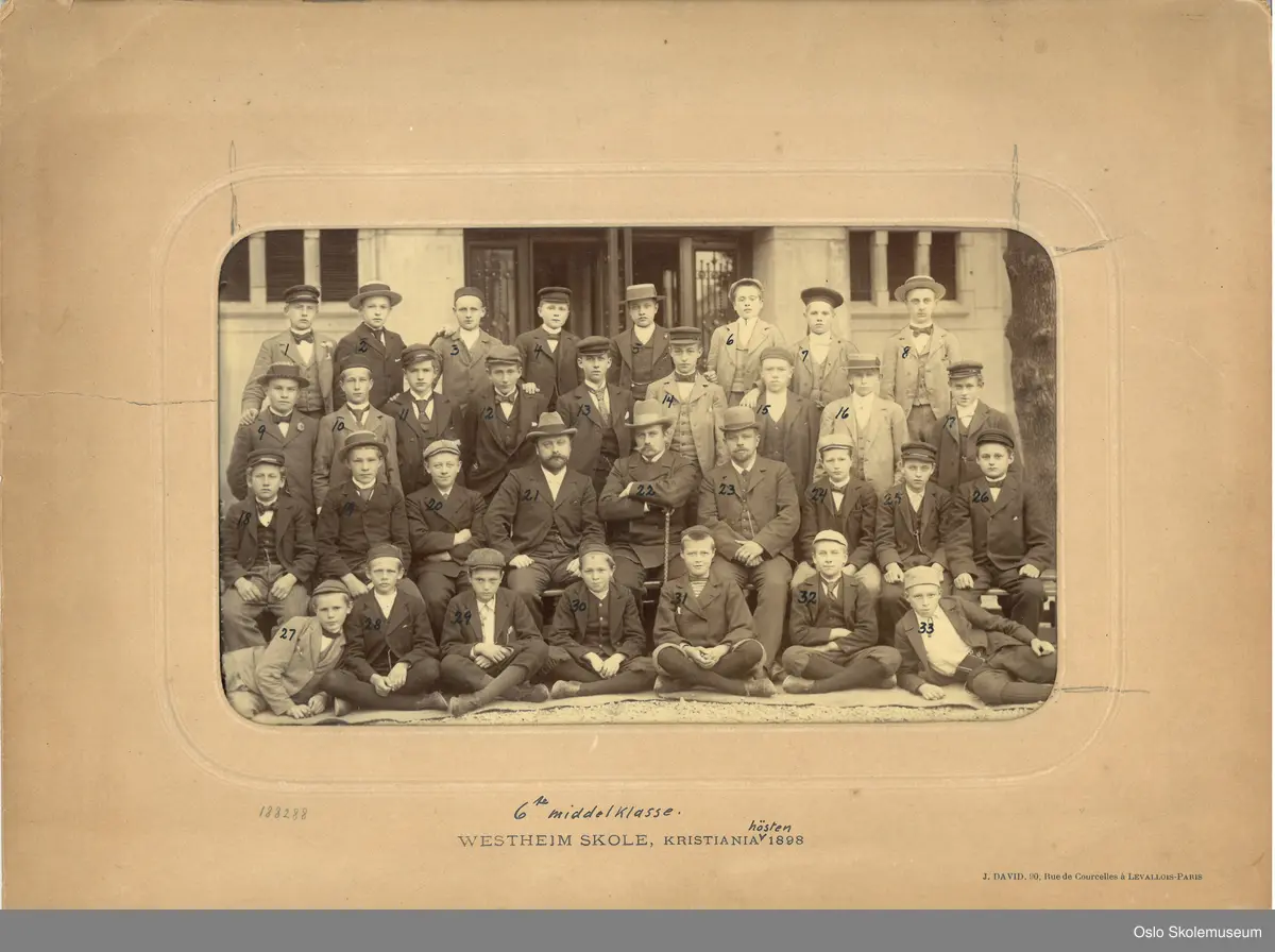 Klassebilde av 6. middelklasse med lærere på Vestheim skole i 1898.