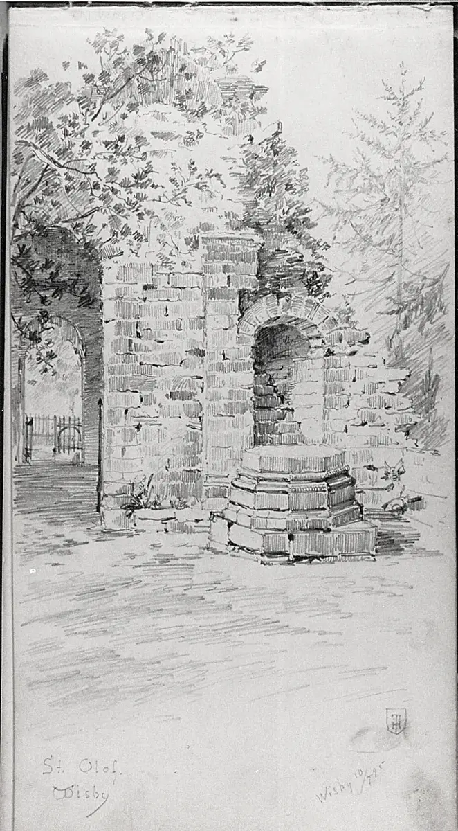 Teckning, blyerts på papper, ur skissbok, av E. Hugo Tryggelin. Motiv: S:t Olofs Ruin, Visby. Signatur: n h (Initialer på varandra - segill). Inskrip: n h "10/ 7 95". n v "St. Olof/Wisby".
Avbildad person ort etc  Ur skissbok          Signering  n.h. F    