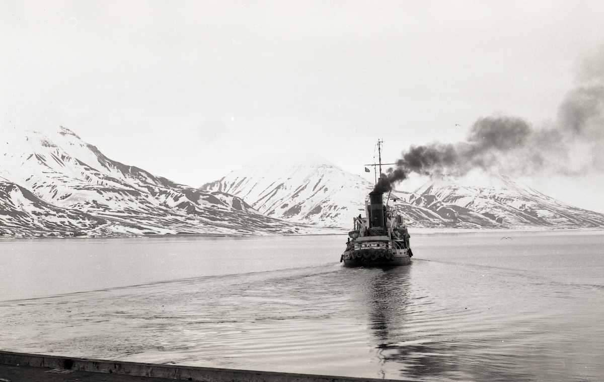 Sovjetisk kullbåt, "Evenk" i Adventfjorden. Skipet fraktet i 1975 en delegasjon med kvinner fra Barentsburg til kulturutveksling med husmorlaget i Longyearbyen.  