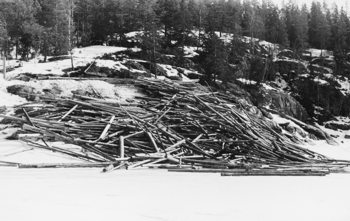 Tømmervelte mot innsjøen Øyeren på eiendommen Sæter i Trøgstad kommune i Østfold.  Fotografiet er tatt fra sjøen mot en bergnabb ved strandkanten, der tømmeret var veltet hulter til bulter utover skråningen mot vannlinja. Slikt tømmer var det strevsomt, og ikke helt ufarlig, for tømmerfløterne å få på vannet når sesongen startet.  I dette tilfellet var det en leveranse til treforedlingsbedriften Borregaard i Sarpsborg som ikke tilfredsstilte forventningene i Glomma fellesfløtingsforening.