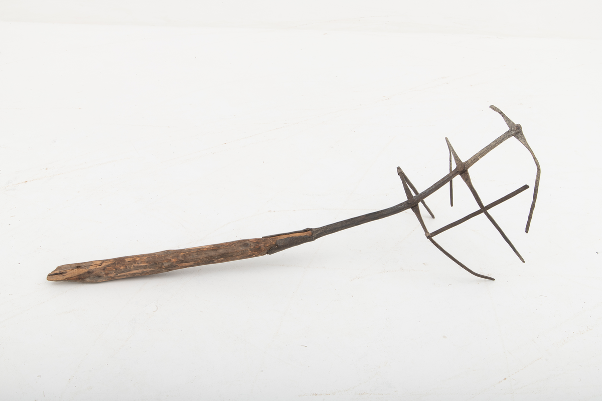 Lysterkurv, lysterkorg, av jern med grovt granskaft. Kurven (korga) skulle romme brennende tyrived for å gi lys til fisket (lysterfisket). Kurven har rektangelformet bunn. Tversover forlengelsen av skaftet er det festet tre jernstenger som er bøyd opp i endene. Endene danner sider i kurven. Den ene av disse endene er borte. Det har vært jernstenger mellom hjørnene, men bare en del av den ene er på plass. Jernet i kurven er rustent og sprøtt. Giver er antagelig Helge Væringsaasen, Elverum, Hedmark.